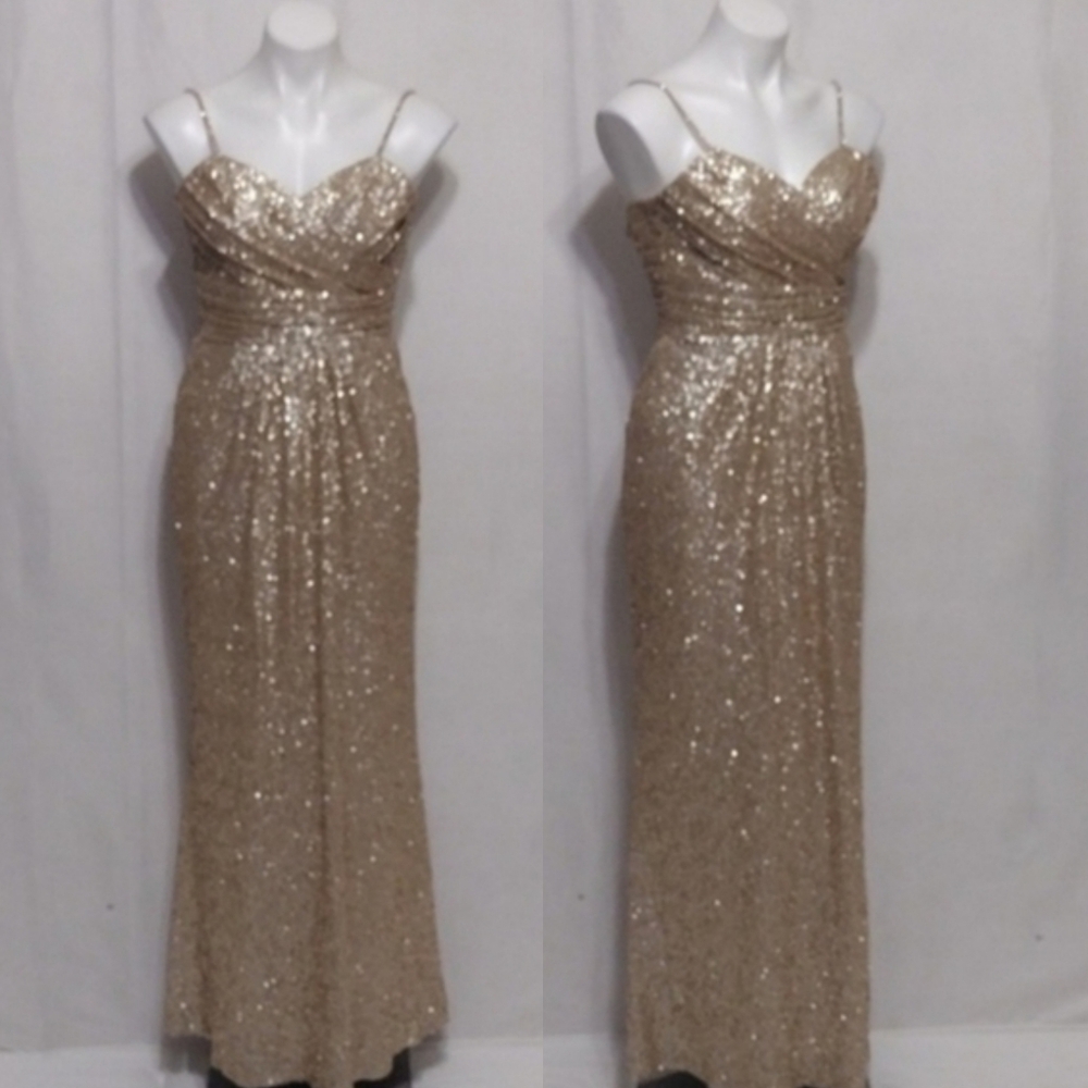 Sorella Vita Rhinestone Strap Gold Sequin Elegant Formal Evening Long Gown US 4